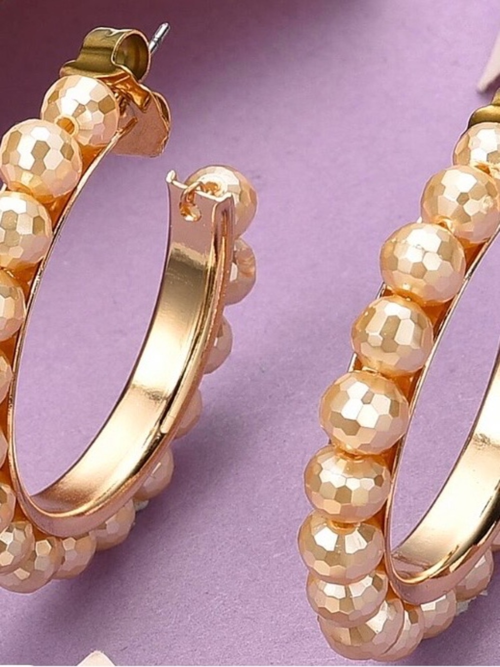 Faceted Golden Shell Pearl Hoop Earrings in Stainless Steel